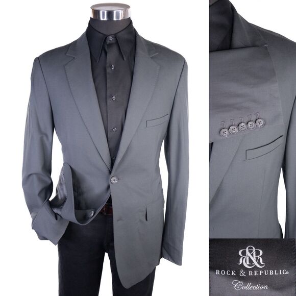 Rock & Republic Blazer 42L Gray Solid Sport Coat Suit Jacket Blazer Wool/Spandex - Picture 1 of 14
